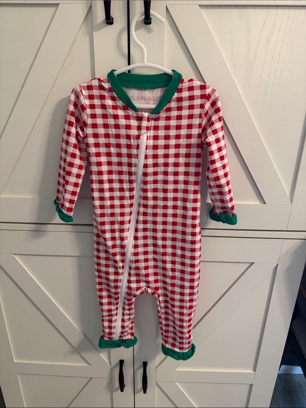 Red & White Gingham Kids Footie with Green Trim